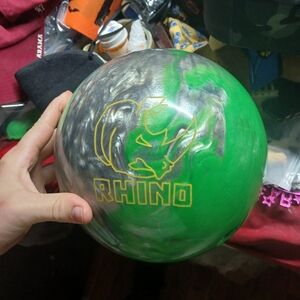 Brunswick Rhino bowling ball, the Carbon/Lime/Silver Pearl model.and Ebonite Bag